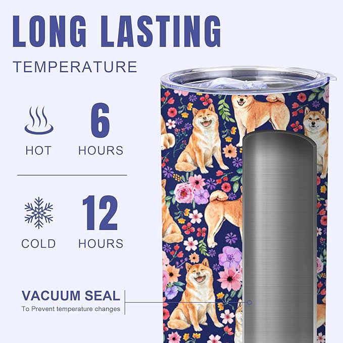 Yogusut Shiba Inu Gifts for Women, 20oz Stainless Steel Insulated Tumbler Travel Mug Cup with Lid Straw Brush, Gifts for Dog Mom Dog Lover