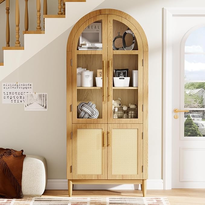 71?쒪rched Kitchen Pantry Cabinet, Stylish Arched Bookcase & Multi-Use Storage Cabinet with Glass & Rattan Doors, Ideal as Kitchen Pantry, Living Room Display, or Entryway Organizer ??Oak