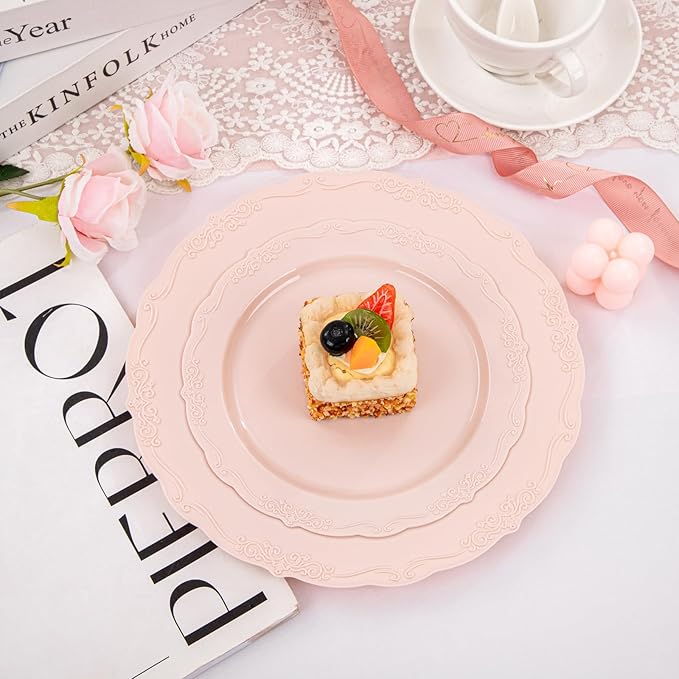 U-QE 100PCS Mauve Pink Plastic Plates for Party - Plastic Party Plates Disposable Heavy Duty - Pink Valentines Plates for Valentine's Day Including 50PCS 10.25'' Dinner Plates&50PCS 7.5'' Pink Plates