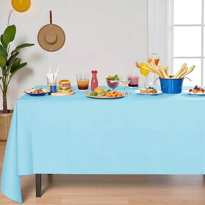 [6 Pack] Light Blue Paper Tablecloth Disposable for Rectangle Tables, 54 X 108 Inch Party Table Cover with Plastic Backing, Waterproof 3 Ply Table Cloth for Easter Wedding Baby Shower Indoor Outdoor