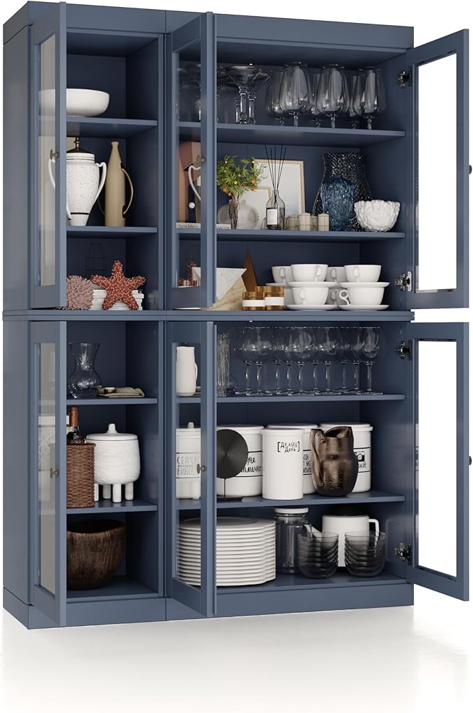 Palace Imports 100% Solid Wood 48.5" Pantry China Cabinet with Clear Glass Doors and Adjustable Shelves (Antique Blue)