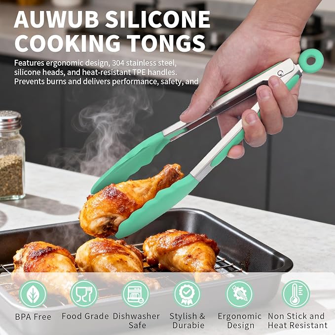 Salad Tongs, 7/9/12/16 Inch Silicone Food Tongs with 304 Stainless Steel Core, Easy-Grip, in Pistachio, Black, Blue, Orange, Red (Pistachio, 9+12inch)