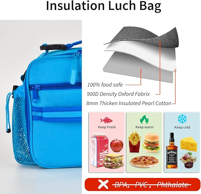 Cerbonny Kids Lunch Box For Girls & Boys, Insulated Lunch Bag With Double Bottle Holder & Freezable Liner (Blue)