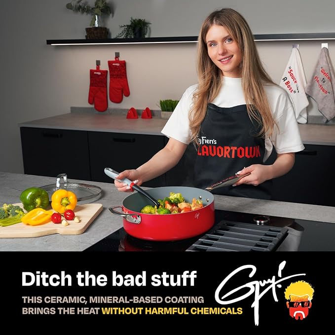 Guy Fieri's Flavortown 6-Piece Ceramic Cookware Set, 8" & 10.2" Frypans, 2QT Saucepan, 3.2QT Saut챕pan Nonstick, Made without PFAS PTFE PFOA, Oven & Dishwasher Safe, Easy to Clean, Red