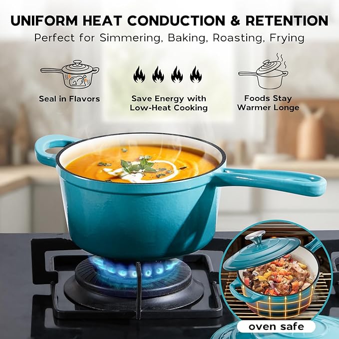 Onader 1QT Saucepan with Lid, Enameled Cast Iron Sauce Pan, Small Cast Iron Pot for Cooking, Enameled Dutch Oven Nonstick & Heavy Duty ??Dark Cyan