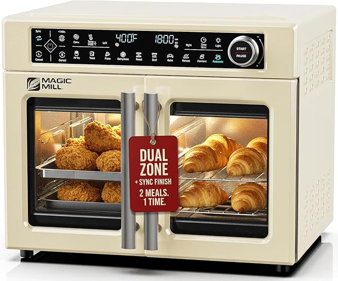 Magic Mill Ultra-Premium Dual-Zone Stainless Steel Air Fryer Toaster Oven Combo, Extra Large 32QT French Door Convection Oven with Next-Gen Patent Technology, 13 Accessories, Rotisserie, Sync Finish