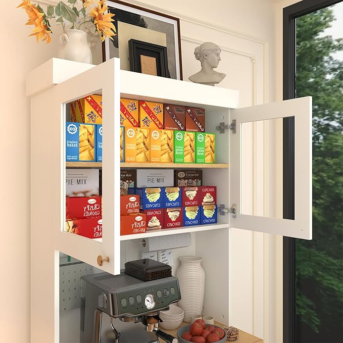 71" Tall Farmhouse Kitchen Pantry, Large Storage Cabinet with Glass Doors and Drawers, Freestanding Coffee Bar Hutch with Microwave Stand, Adjustable Shelves for Kitchen, Living Room, White 4 Pcs