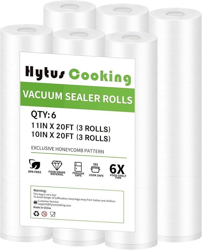 HytusCooking [6 Pack] Vacuum Sealer Bags Rolls, 3 Rolls 11" x 20' & 3 Rolls 10" x 20', Heavy Duty Multi-Layer Commercial Grade Food Storage Bags for Sous Vide, Meal Prep [BPA-Free]