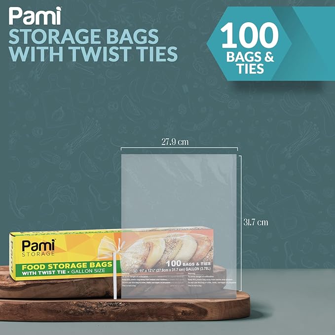 PAMI Gallon Twist Tie Storage Bags - 100 Disposable Plastic Food-Safe Baggies with Ties, 11x12.5 in, Versatile for Kitchen, Home, Office Uses