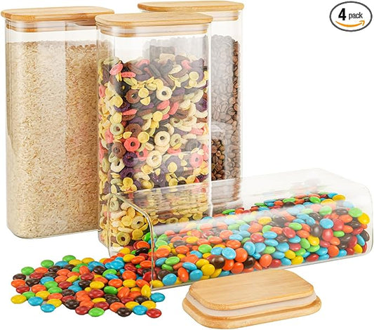 64oz Rectangle Airtight Glass Storage Containers with Bamboo Lids (Set of 4), Square Food Storage Jar, Pantry Organizers for Cereal, Flour, Pasta and Coffee beans (?럚ith Black Lable)