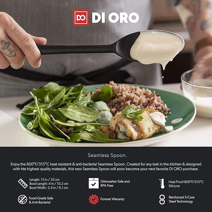 DI ORO Cooking Spoon - Solid Silicone 600F High Heat Nonstick Cookware Safe - Kitchen Spoon for Cooking & Baking - Large Serving & Mixing Utensil - Dishwasher Safe (Black)