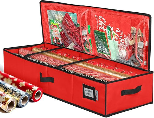 HOLDN' STORAGE Premium Wrapping Paper Storage Container - Durable 600D Tear-Proof, Fits 27 Rolls Gift Wrap, Extra Pockets for Ribbons & Bows, Underbed Storage - Ideal for Holiday Christmas, Red/Black Trim