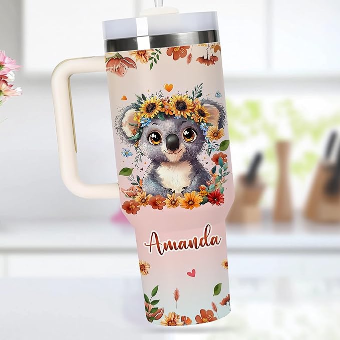 AGGLOMEKC Personalized Cute Koala Cup - Mother's Day Birthday Gift For Animal Lovers - Just A Girl Who Loves Koala Tumbler 40oz With Custom Name - Pet Lover Gifts For Women, Her