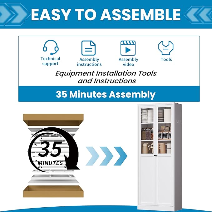 72" H White Steel Kitchen Pantry Cabinet with Glass & Metal, Steel Storage Cabinet with Adjustable Shelves, Heavy Duty Freestanding Utility Cabinet for Dining/Living Room, Assembly Required