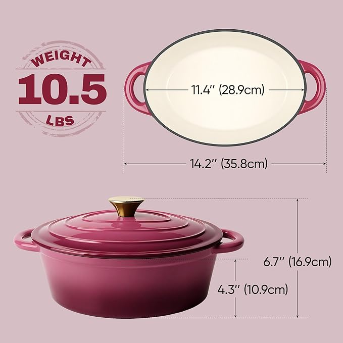 Vintage Style Oval Dutch Oven for Bread Baking, 4.5 Quart Non Stick Enameled Cast Iron Dutch Oven Pot with Lid, Oven Safe Oval Casserole with Lid up to 500째F for Baking, Braising, Stews, Roasting, Rose