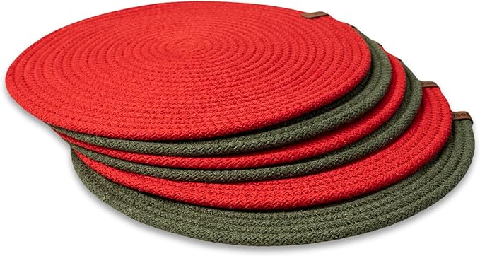 Round Placemats, Set of 6, Handmade by Braided Cotton Cord for Kitchen and Dining Table, Dia. 12.6 Inch, Doublesided, Heat Resistant, Red/Green