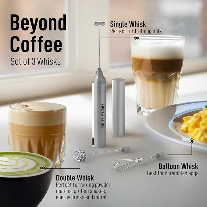Zulay Froth N Go Milk Frother ??Rechargeable 3-in-1 Handheld Frother Wand with Travel Case & USB-C Charger ??Single, Double & Egg Whisk for Latte, Cappuccino, Matcha, Protein Shakes ??Silver