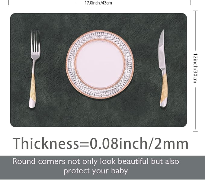 Faux Leather Dining Placemats with Rounded Corners-Set of 4,Washable&Wipeable Place Mats,Waterproof&Stain Resistant Table Mats,Heat-Resistant,Non-Slip for Kitchen(Black-Grey)