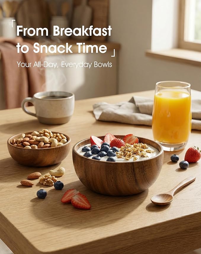 Acacia Wood Salad Bowl Set, 3-Piece Natural Solid Wood Serving Bowls, Handcrafted & Hand-Polished, Wooden Salad Bowls for Kitchen & Dining for Pasta, Yogurt, Fruit, Snacks & Gift Giving