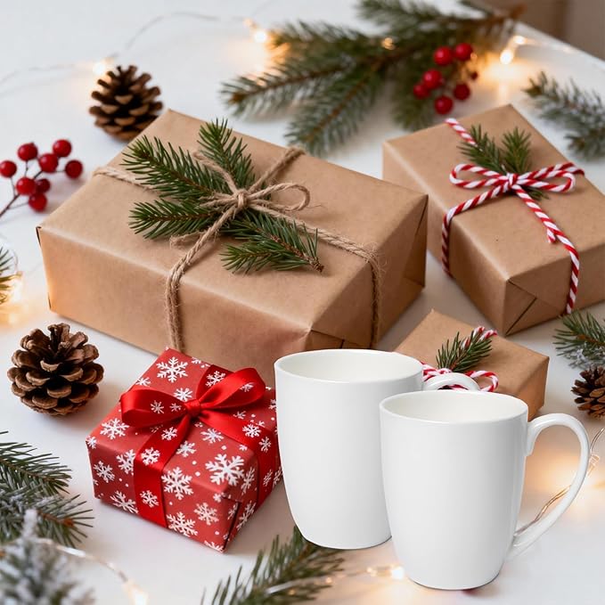 Plain White Fine Bone China Blank Coffee Mugs Set of 2, 11 Oz Tea Cups with Large Handle, Lightweight Ceramic Coffee Mugs, Aesthetic Coffee Cups