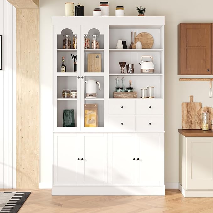 75-inch Tall Kitchen Pantry Cabinet, Freestanding Buffet with Hutch, Storage Cabinet with 4 Drawers, Door Shelves and Pull-Out Trays for Dining Room (White + MDF + Farmhouse)