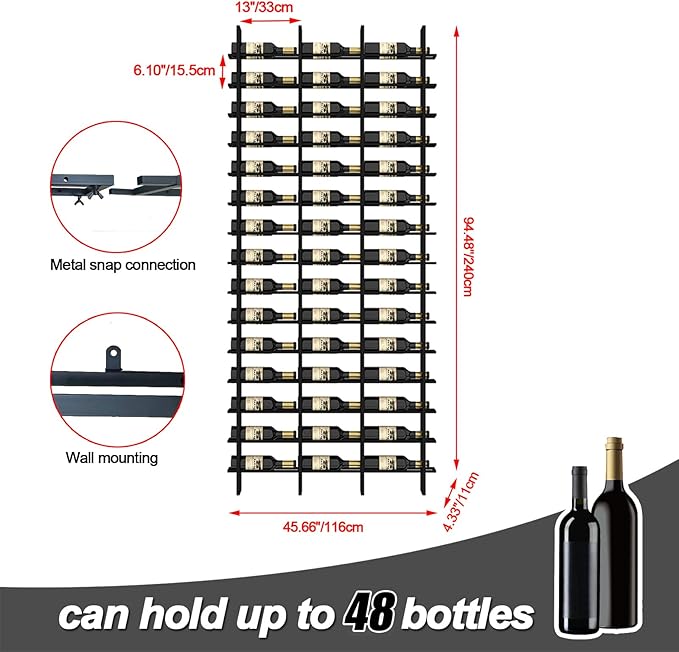 Large Wall Mount Wine Rack, 16 Tier 48 Bottle Wine Storage Organizer Display Holder, Modern Metal Wine Storage for Wine Cellars, Home Bars, Kitchens, and Dining Rooms (Gold, 48 Bottles)