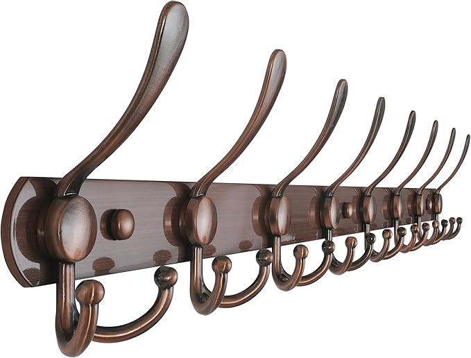 Dseap Coat Rack Wall Mount - 29.5??Long 8-Tri-Hooks Heavy Duty Coat Hanger Rail Wall Hooks for Hanging Coats Hats Clothing Clothes Purse Mudroom Entryway, Red Antique Copper