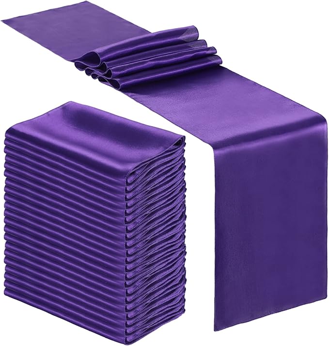 Bencailor 12 Pcs Purple Satin Table Runner Bulk 12 x 108 Inches Long Table Runners Bright Smooth Fabric Tablecloth for Wedding Banquet Birthday Valentines St Patrick's Day Party Decorations