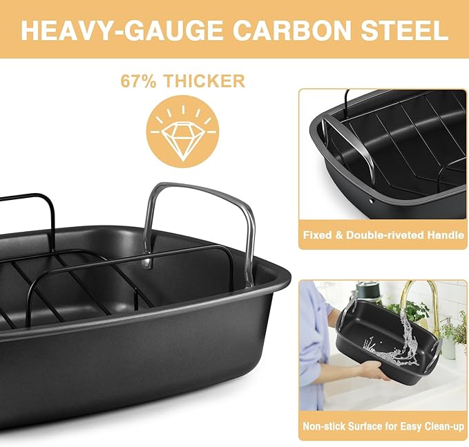 Nonstick Turkey Roasting Pan with Rack - 17횞13 Inch Extra Large Roaster Pan, Deep Turkey Tray for Oven, U-Shaped Rack, Wider Handles, Ideal for Ovens, Thanksgiving, and Christmas