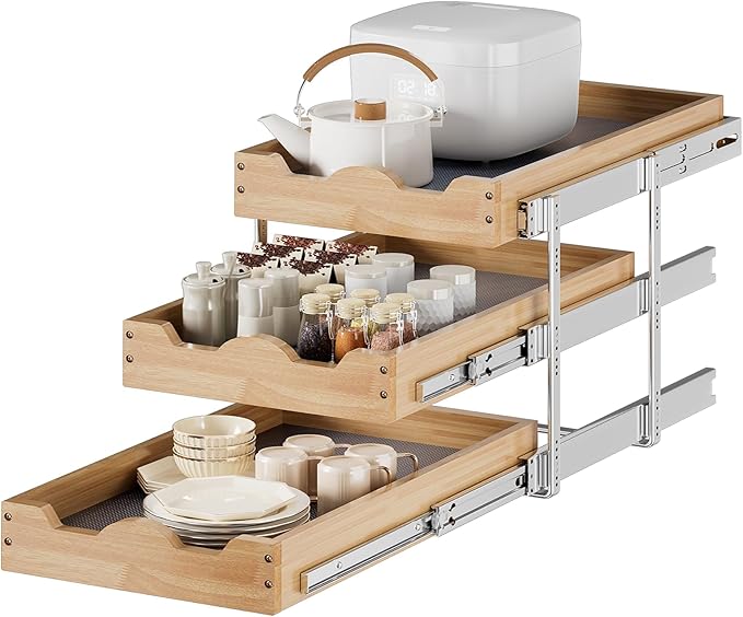 DINDON 3 Tier Pull Out Cabinet Organizer 14?쓂 X21?쒭 Slide Out Shelves With Shelf Liner for Kitchen Wood Roll Out Drawers Pantry Organization