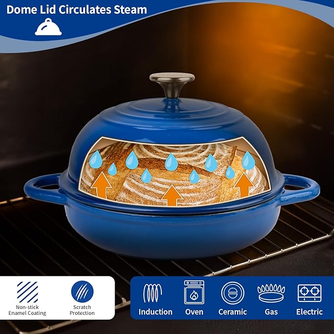Dutch Oven for Bread Baking, 5.4 Quart Dutch Enameled Cast Iron Bread Oven, Dutch Oven for Sourdough Bread Baking, Oven Safe up to 500째 F, 25 cm Blue