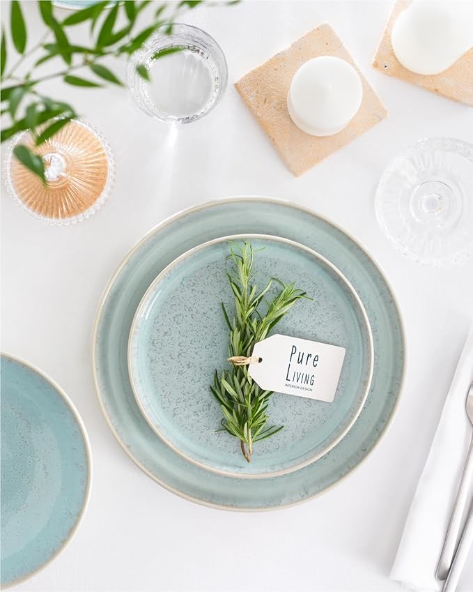 Stoneware dinnerware set 8 persons 32 pcs ??Modern style plates and bowls set ceramic ??Dishwasher safe and scratch resistant ??Bowl and plate set ??Dinner service Pure Living beige & blue