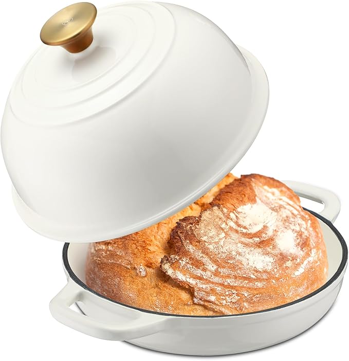 Tioncy Enameled Bread Dutch Oven with Lid for Sourdough Baking 6 Quart Round Cast Iron Dutch Oven Pot Bread Bakers for Christmas Kitchen Homemade Cookware Gifts Roasting Frying Cooking Stewing (White)