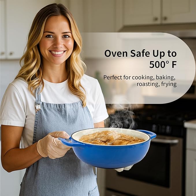 Enameled Cast Iron Dutch Oven Pot with Lid, 3 Quart Shallow Dutch Oven, Oven Safe up to 500째 F, Suitable for Bread Baking, Braising, Roasting, Stews, Blue