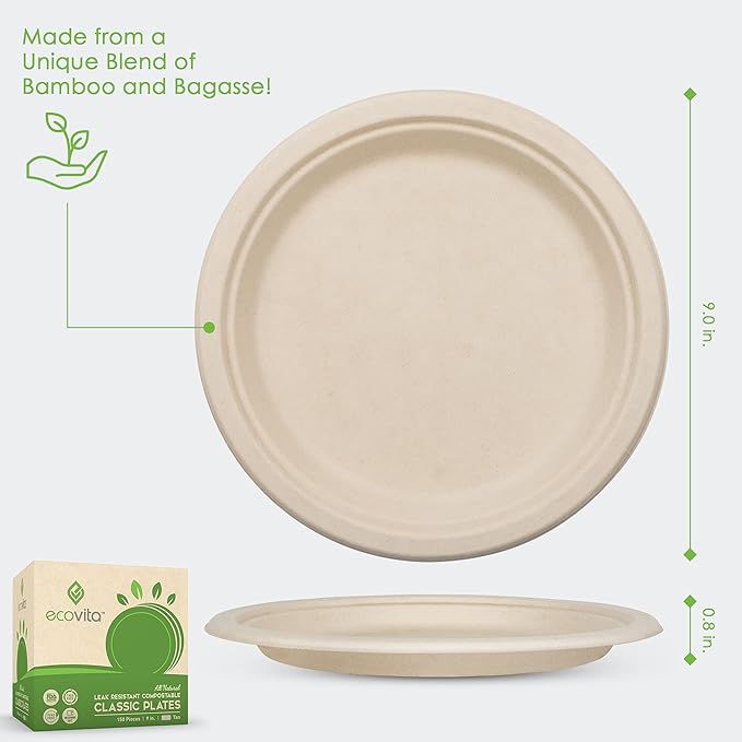 Ecovita 100% Compostable Paper Plates [9 in.] ??150 Disposable Plates Eco Friendly Sturdy Tree Free Liquid and Heat Resistant Alternative to Plastic or Paper Plates