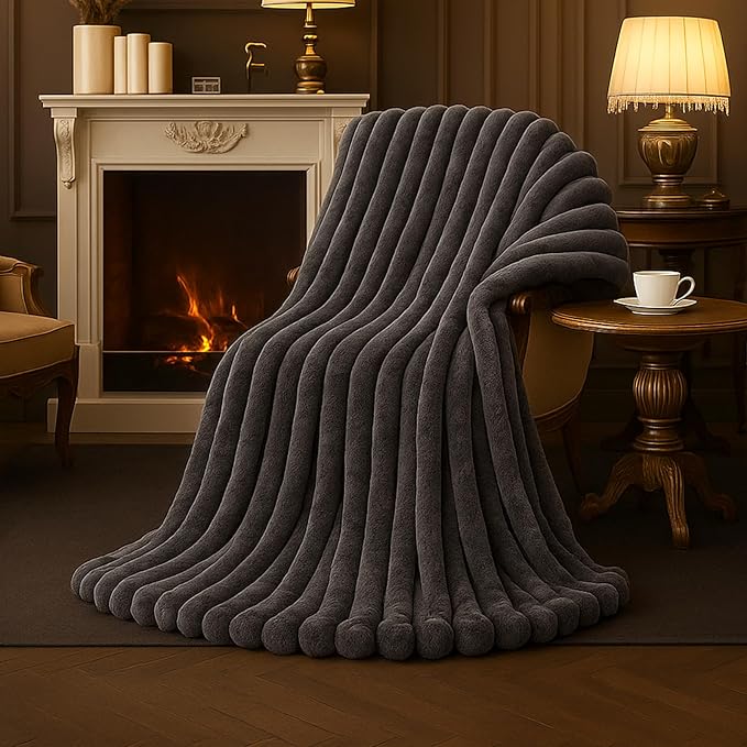 Am챕lie Home Faux Fur Throw Blanket for Couch, Cozy Fuzzy Fluffy Fur Luxurious Soft Striped Plush Gift Blankets for Family Sofa Chair Bedroom, 55"x70", Charcoal Grey