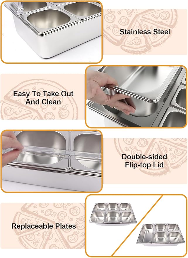 Lanstics Pizza Topping Station 7 Pans Stainless Steel Spice Organizer Salad Bar Buffet Station with Spoons Ice Boxes Buffet Containers Set for Sauce Jam Ingredient Kitchen Restaurant Pantry