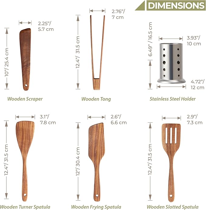 OOZi 6-Piece Acacia Wood Cooking Spatula Set ??Flip, Stir & Serve Effortlessly with Turner, Tongs, Scraper & Stainless Holder