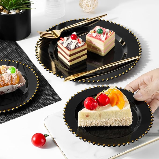 EI 60pcs Black Plastic Plates,Black and Gold Plastic Plates Disposable,Fancy Heavy Duty Plate for Party,Birthday,Anniversary,Wedding,Afternoon Tea,Business Events,Hotel Banquets