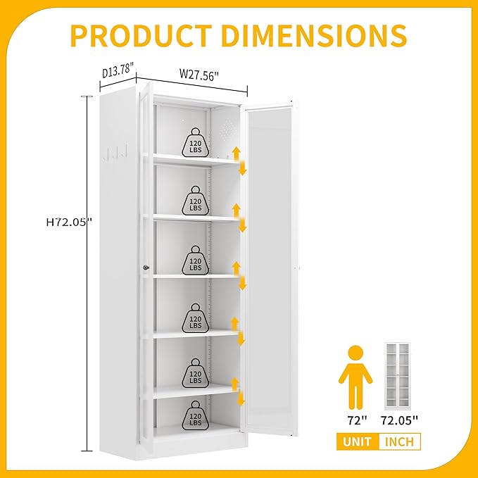 Kitchen Pantry Cabinet, 72" Tall Pantry Storage Cabinet with Adjustable Shelves and Glass Doors, Metal Storage Cabinets with Handle for Living Room, Kitchen, Assemble Required (White)