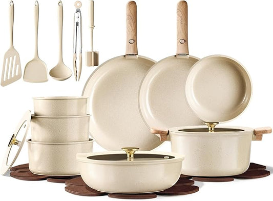 CAROTE 25PCS Ceramic Cookware Set, Pots and Pans set Non Stick, RV Kitchen Cooking Set Removable Handles, Oven Safe, Induction Cookware, Non-toxic Kitchen Cooking Set, PFAS and PFOA Free