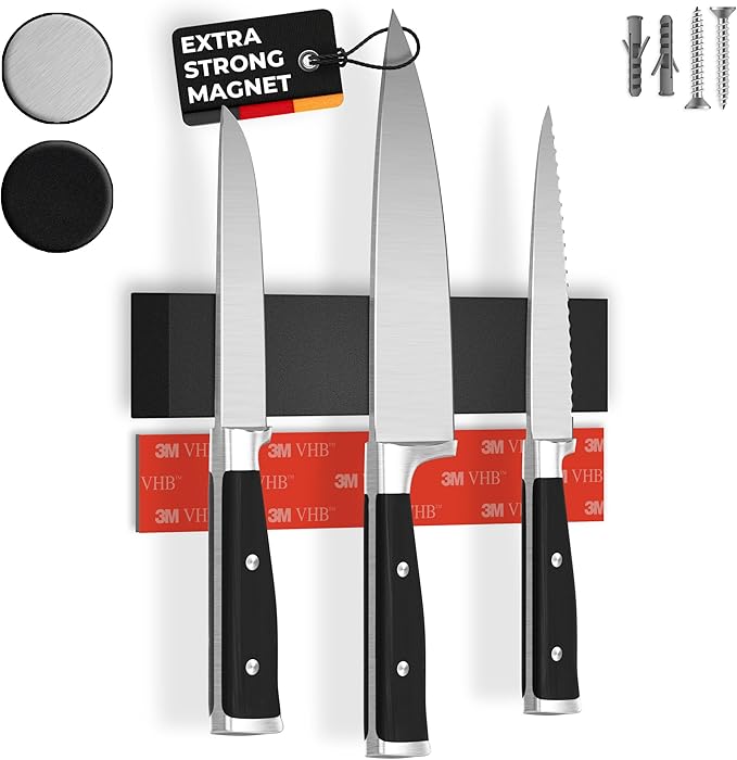 CUCINO Magnetic Knife Holder for Wall 10" No Drilling incl. Self Adhesive Tape - Extra strong Knife Holder - Awarded Knife Magnetic Strip - Made of Stainless Steel - black