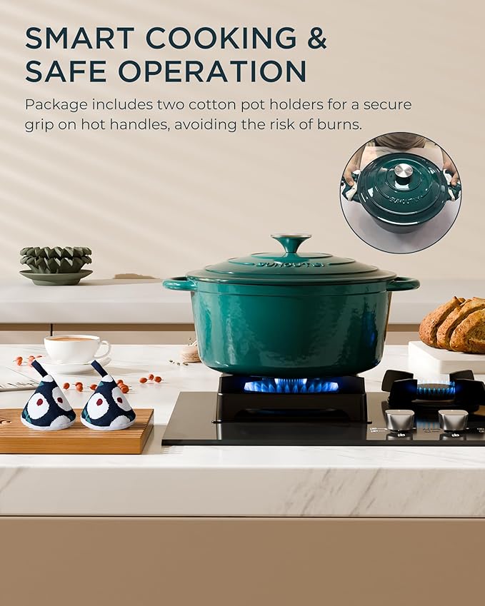 Enameled Cast Iron Dutch Oven - 6QT Pot with Lid & Cotton Potholders - Heavy-Duty Cookware for Braising, Stews, Roasting, Bread Baking, Oven Safe up to 500째F & Across All Stovetops, Bottle Green