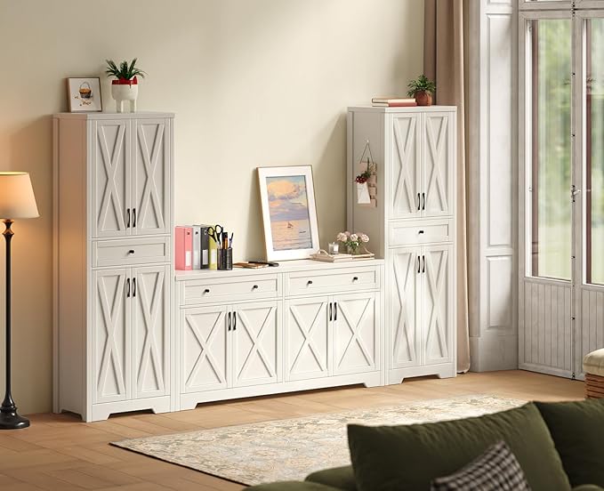 Lyromix 3 Pieces Sideboard and Pantry Set with Storage, White Farmhouse Wall Unit Entertainment Center, Large Kitchen Sideboard Buffet Pantry Cabinet with Drawers