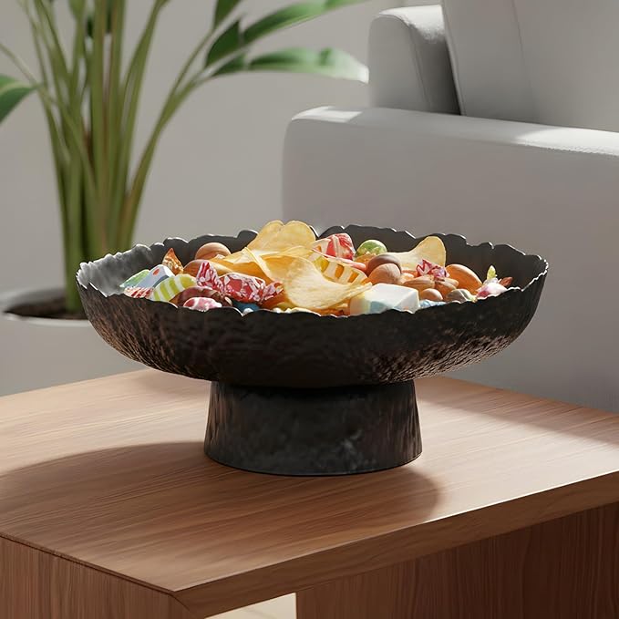 Large Glass Fruit Bowl for Kitchen Counter Decorative Centerpiece Bowl for Table Home D챕co, Black Hammered