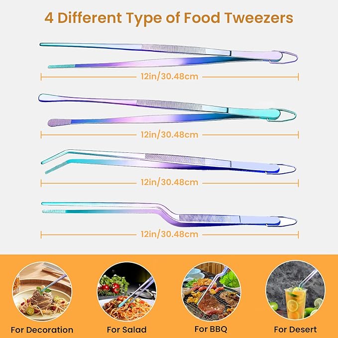 GEEKHOM Tweezer Tongs for Cooking, [4 Pack]12-inch Fine Long Food Tongs, Stainless Steel Kitchen Tweezers, Professional Chef Tongs for BBQ, Baking, Roasting, Dessert Decoration, Steak, Salad, Colorful