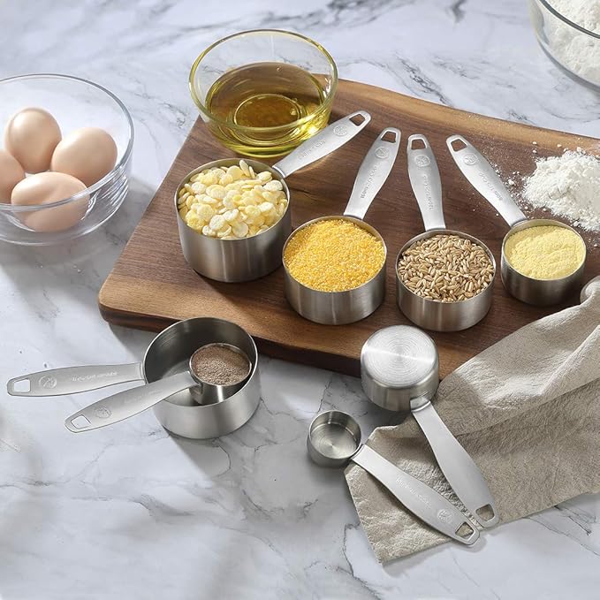 Stainless Steel Measuring Cups, 8 Piece Heavy Duty Measuring Cups Set in 18/8 Steel with Ergonomic Handle
