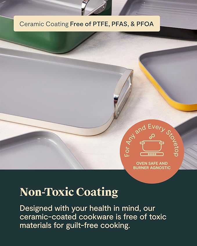 Caraway Square Cookware Set - Square Pans Set - Perfect for Griddling, Toasting, Searing, Roasting, and More - Non-Stick Ceramic Coated Pans - Non Toxic, PTFE & PFOA Free - Black