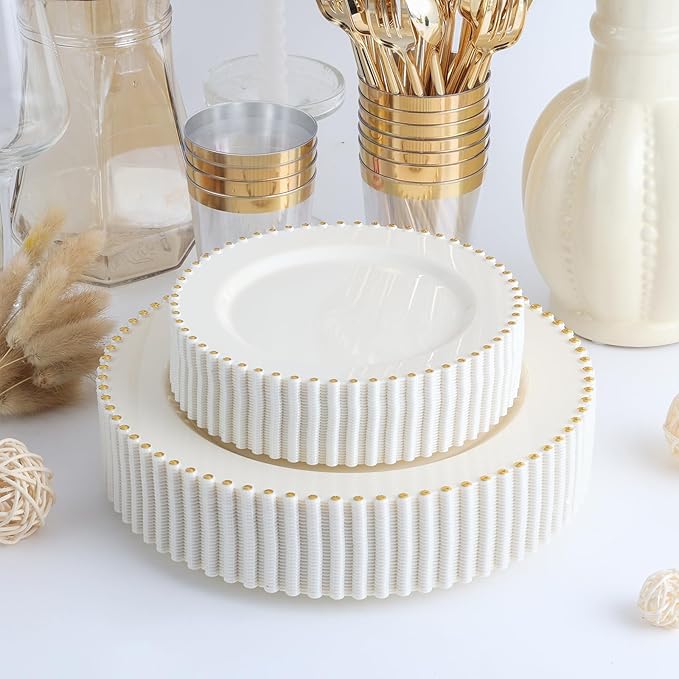 EI 60pcs Beige Plastic Plates with Gold Rim,Ivory Disposable Plates,Heavy Duty Fancy Plastic Plate Elegant for Party,Wedding,Birthday,Spring,Afternoon tea