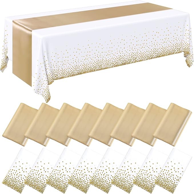Tudomro 16 Pieces White and Gold Disposable Plastic Tablecloths and Satin Table Runner Set 54x108 Inch Tablecloth 12x108 Inch Table Runners for New Year Wedding Birthday Baby Shower Graduation